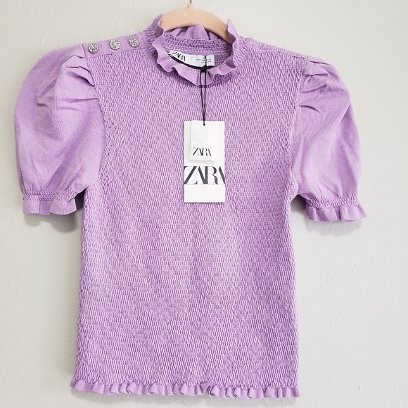 Zara Elastic Trim Puff Sleeve Knit Blouse - Picture 4 of 9